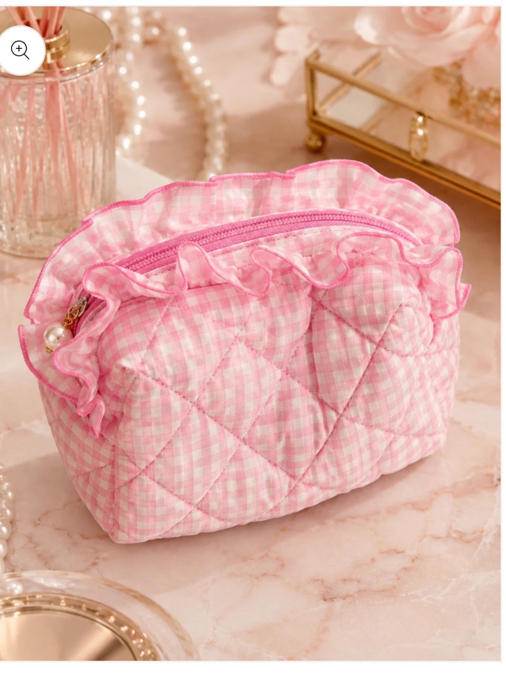 Pink Quilted Ruffles Small Cosmetic Bag